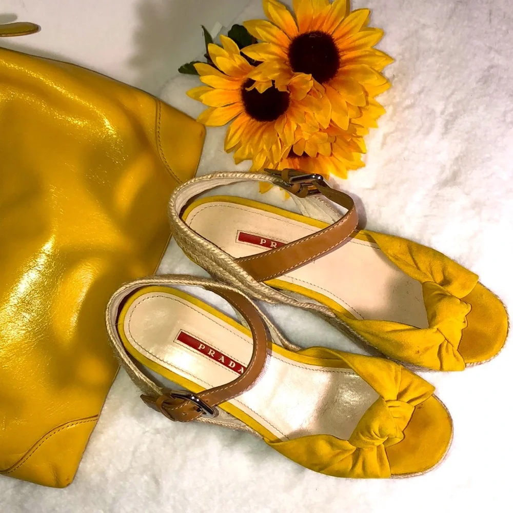 PRADA Suede Wedges & Matching Leather Purse in Sunny Butter Yellow